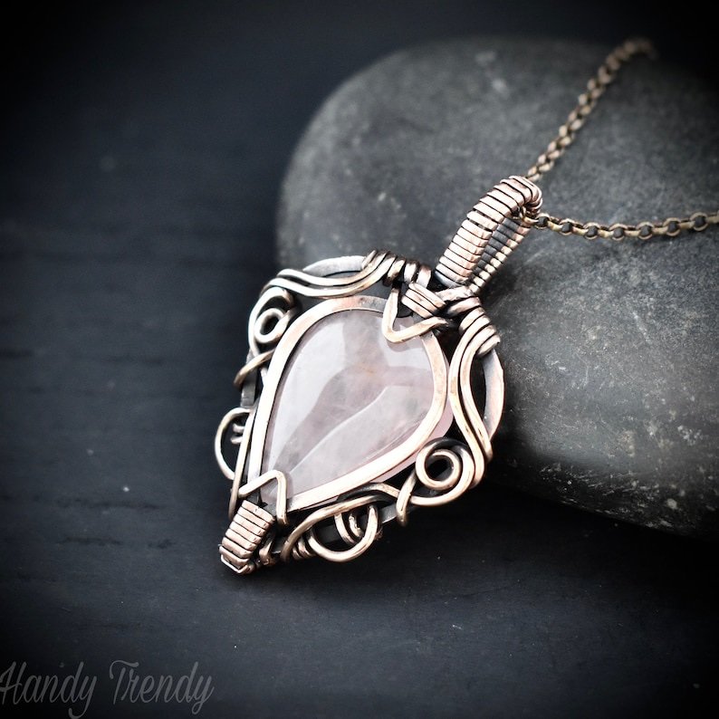 Rose quartz pendant, Free flow copper wire wrapped necklace, Unique handmade gift, One of a kind jewelry, Artisan boho jewelry