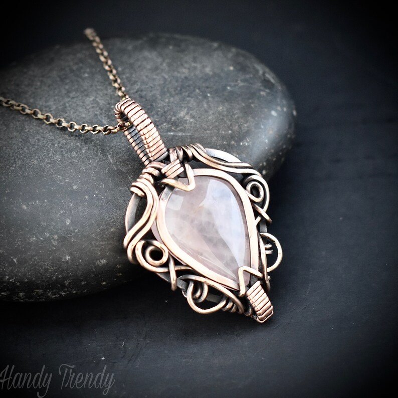 Rose quartz pendant, Free flow copper wire wrapped necklace, Unique handmade gift, One of a kind jewelry, Artisan boho jewelry