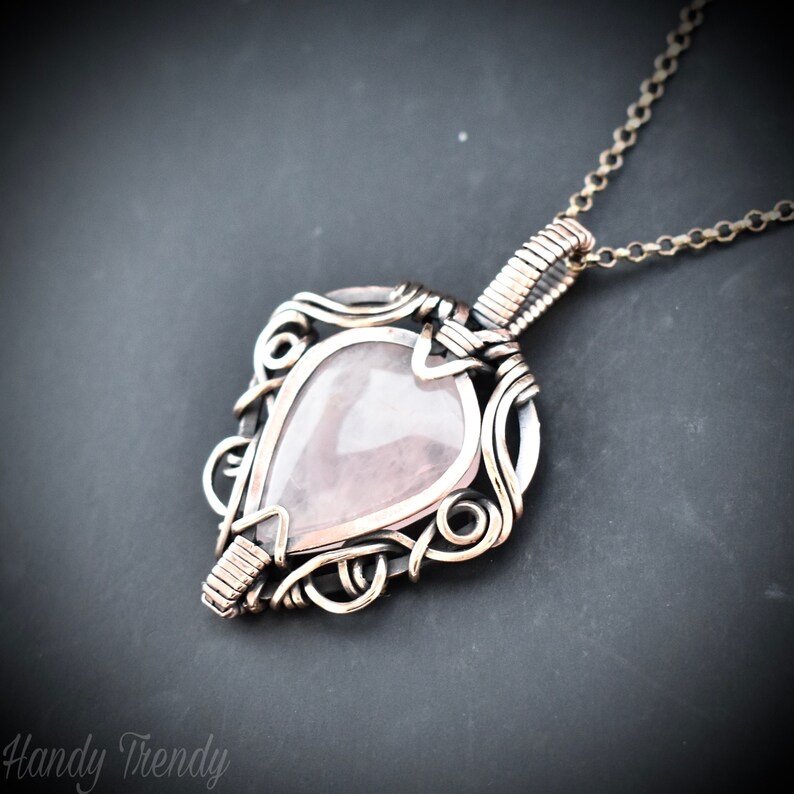 Rose quartz pendant, Free flow copper wire wrapped necklace, Unique handmade gift, One of a kind jewelry, Artisan boho jewelry