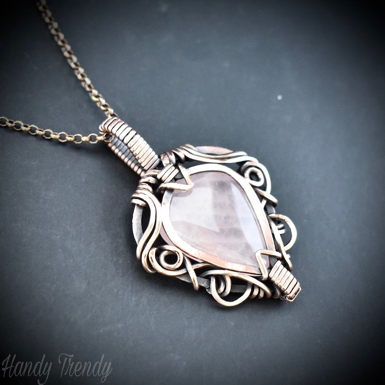 Rose quartz pendant, Free flow copper wire wrapped necklace, Unique handmade gift, One of a kind jewelry, Artisan boho jewelry