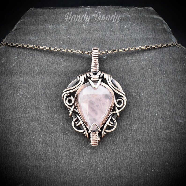 Rose quartz pendant, Free flow copper wire wrapped necklace, Unique handmade gift, One of a kind jewelry, Artisan boho jewelry