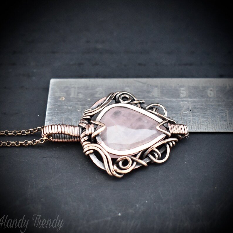 Rose quartz pendant, Free flow copper wire wrapped necklace, Unique handmade gift, One of a kind jewelry, Artisan boho jewelry