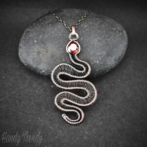Snake pendant, Red cubic zirconia and copper wire wrap jewelry, Unique handmade gift, Wild animal jewelry, One of a kind necklace