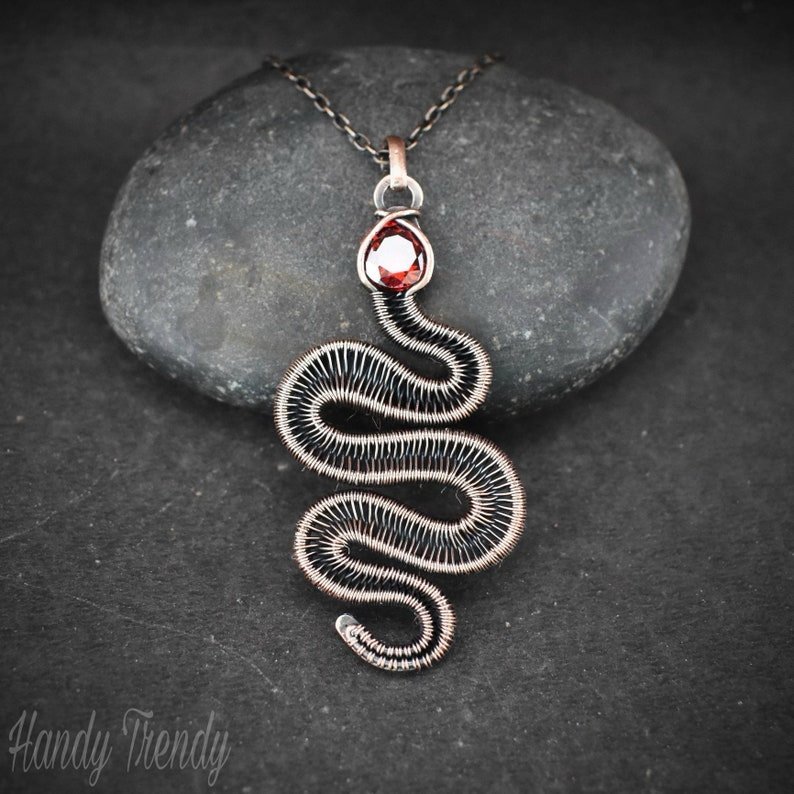Snake pendant, Red cubic zirconia and copper wire wrap jewelry, Unique handmade gift, Wild animal jewelry, One of a kind necklace