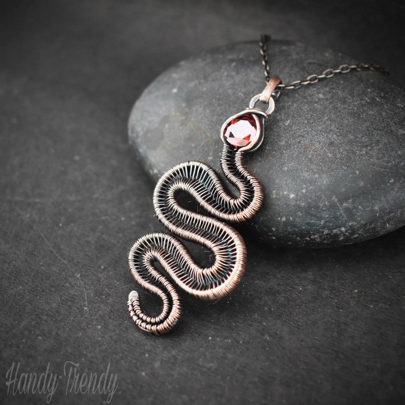 Snake pendant, Red cubic zirconia and copper wire wrap jewelry, Unique handmade gift, Wild animal jewelry, One of a kind necklace