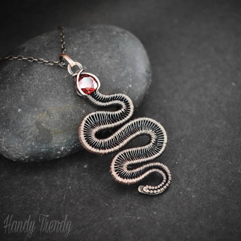 Snake pendant, Red cubic zirconia and copper wire wrap jewelry, Unique handmade gift, Wild animal jewelry, One of a kind necklace