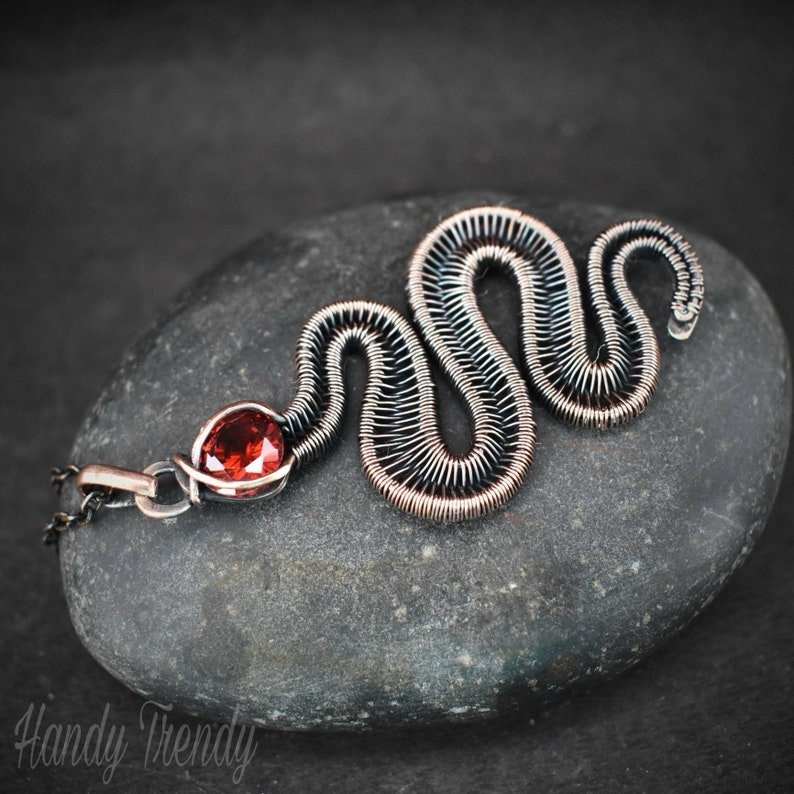 Snake pendant, Red cubic zirconia and copper wire wrap jewelry, Unique handmade gift, Wild animal jewelry, One of a kind necklace