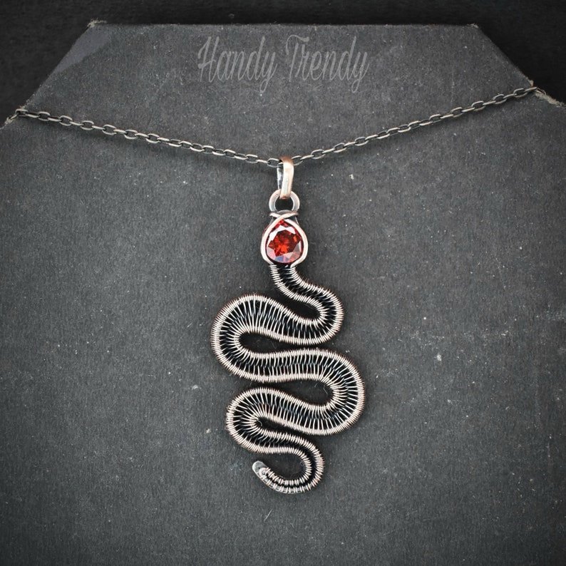 Snake pendant, Red cubic zirconia and copper wire wrap jewelry, Unique handmade gift, Wild animal jewelry, One of a kind necklace