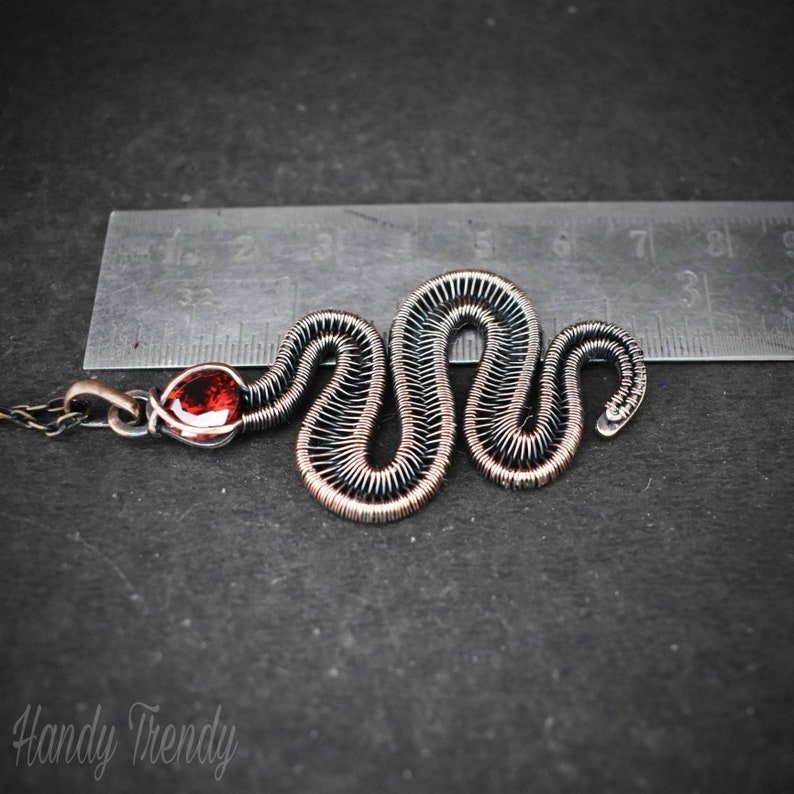 Snake pendant, Red cubic zirconia and copper wire wrap jewelry, Unique handmade gift, Wild animal jewelry, One of a kind necklace