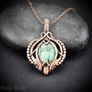 Green labradorite pendant, Free-flow Copper Wire wrapped necklace, Unique handmade gift, One of a kind artisan boho jewelry