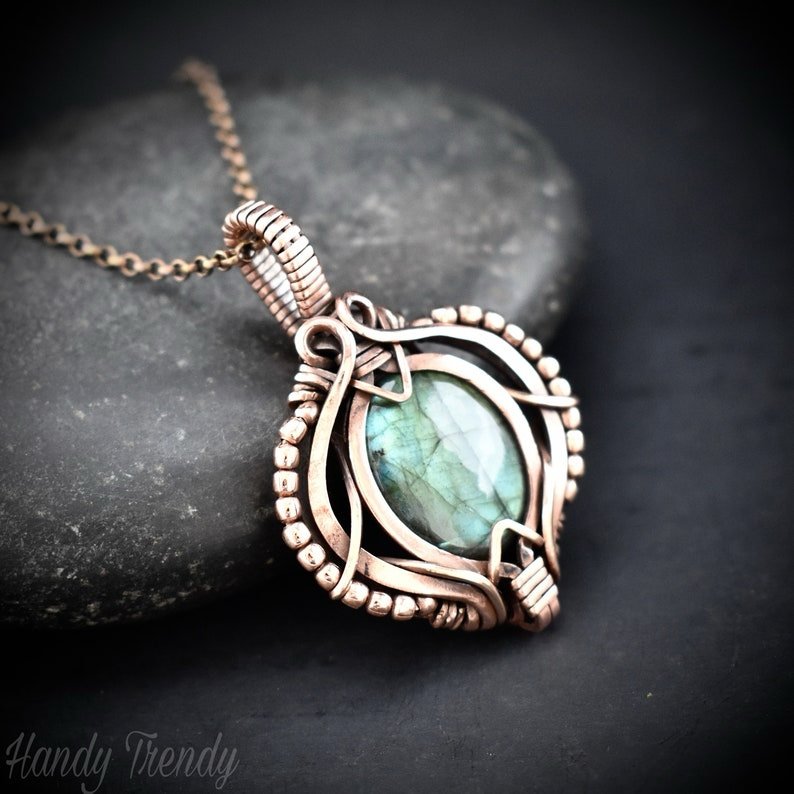 Green labradorite pendant, Free-flow Copper Wire wrapped necklace, Unique handmade gift, One of a kind artisan boho jewelry