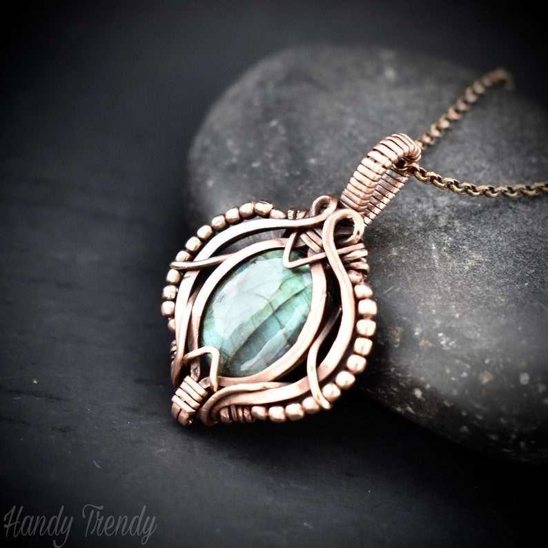 Green labradorite pendant, Free-flow Copper Wire wrapped necklace, Unique handmade gift, One of a kind artisan boho jewelry