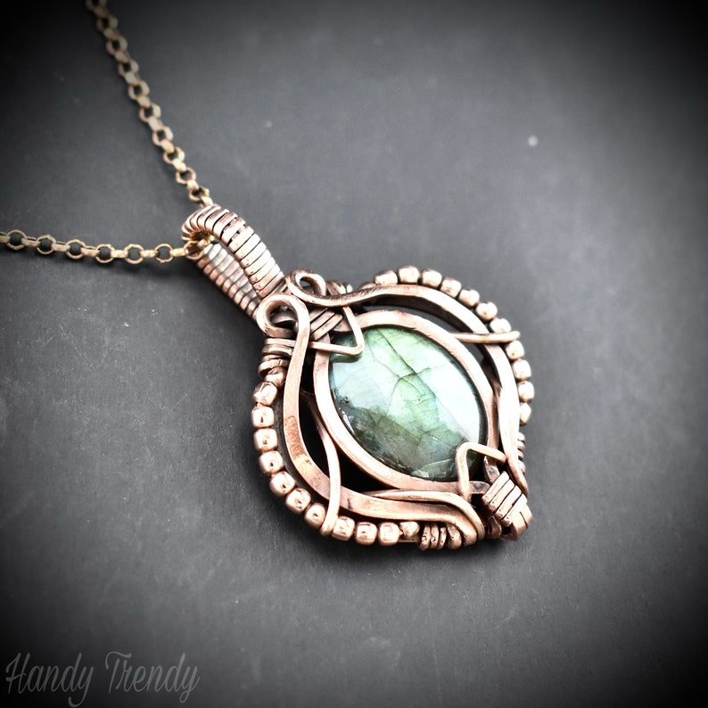Green labradorite pendant, Free-flow Copper Wire wrapped necklace, Unique handmade gift, One of a kind artisan boho jewelry