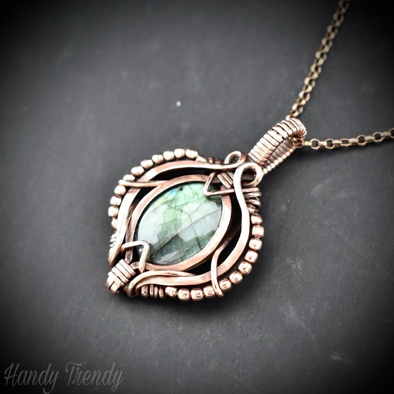 Green labradorite pendant, Free-flow Copper Wire wrapped necklace, Unique handmade gift, One of a kind artisan boho jewelry