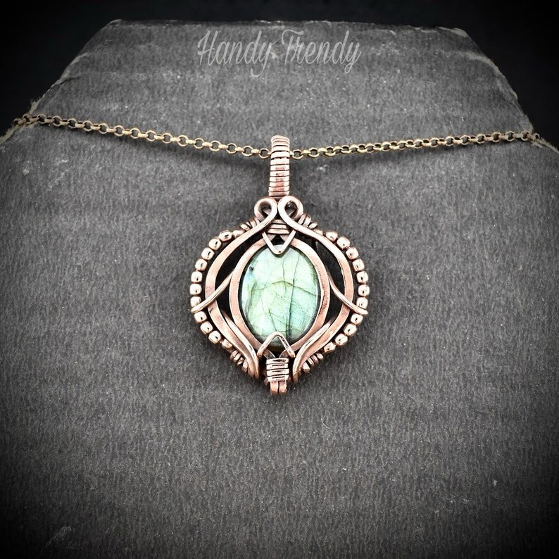 Green labradorite pendant, Free-flow Copper Wire wrapped necklace, Unique handmade gift, One of a kind artisan boho jewelry