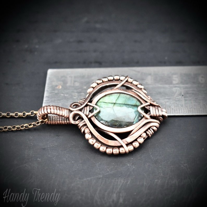 Green labradorite pendant, Free-flow Copper Wire wrapped necklace, Unique handmade gift, One of a kind artisan boho jewelry
