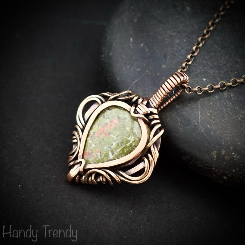 Unakite pendant, Free flow copper wire wrapped necklace, Unique handmade birthday gift, One of a kind jewelry, Artisan boho jewelry