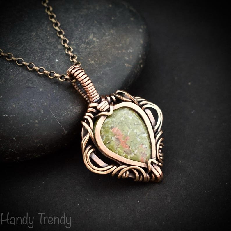 Unakite pendant, Free flow copper wire wrapped necklace, Unique handmade birthday gift, One of a kind jewelry, Artisan boho jewelry