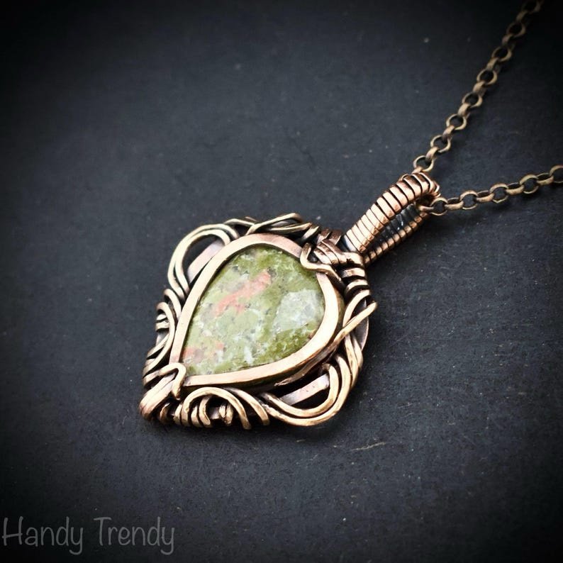 Unakite pendant, Free flow copper wire wrapped necklace, Unique handmade birthday gift, One of a kind jewelry, Artisan boho jewelry