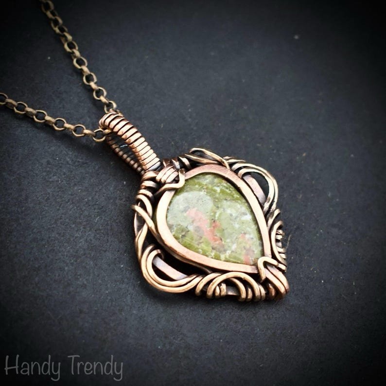 Unakite pendant, Free flow copper wire wrapped necklace, Unique handmade birthday gift, One of a kind jewelry, Artisan boho jewelry
