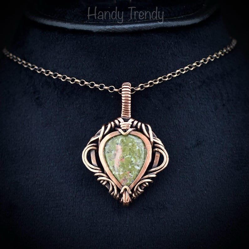 Unakite pendant, Free flow copper wire wrapped necklace, Unique handmade birthday gift, One of a kind jewelry, Artisan boho jewelry