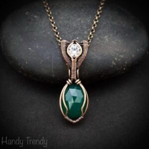 Green onyx and zircon stone pendant, Copper wire wrapped necklace, Unique handmade gift, One of a kind artisan boho jewelry
