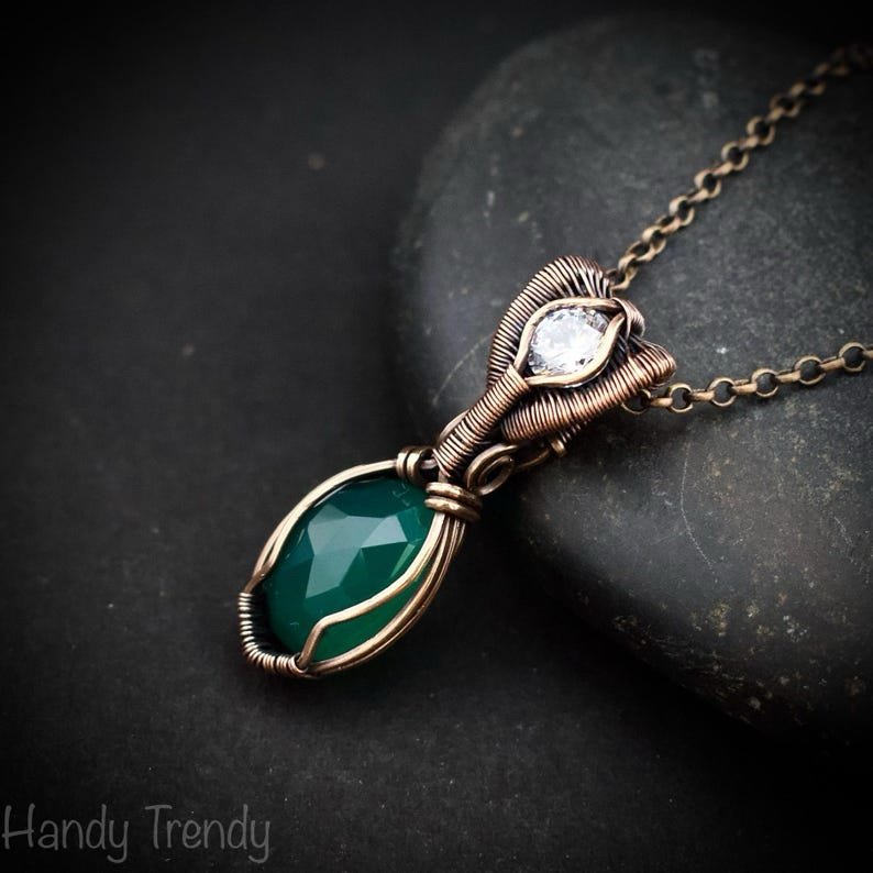 Green onyx and zircon stone pendant, Copper wire wrapped necklace, Unique handmade gift, One of a kind artisan boho jewelry