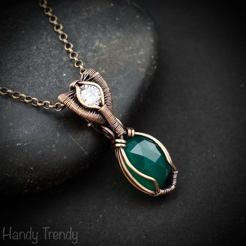 Green onyx and zircon stone pendant, Copper wire wrapped necklace, Unique handmade gift, One of a kind artisan boho jewelry