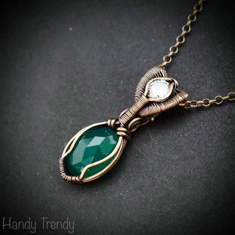 Green onyx and zircon stone pendant, Copper wire wrapped necklace, Unique handmade gift, One of a kind artisan boho jewelry