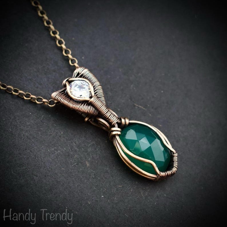 Green onyx and zircon stone pendant, Copper wire wrapped necklace, Unique handmade gift, One of a kind artisan boho jewelry