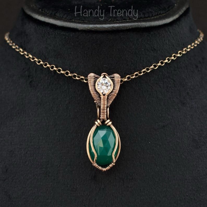 Green onyx and zircon stone pendant, Copper wire wrapped necklace, Unique handmade gift, One of a kind artisan boho jewelry