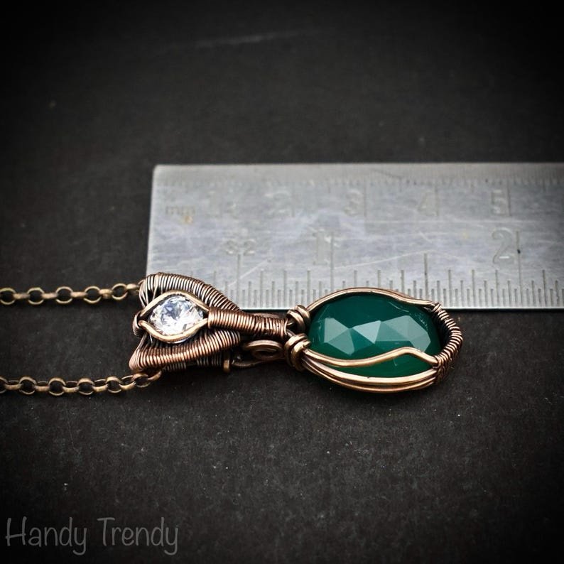 Green onyx and zircon stone pendant, Copper wire wrapped necklace, Unique handmade gift, One of a kind artisan boho jewelry