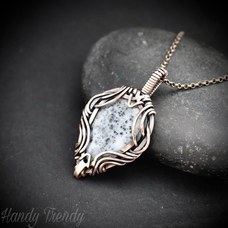 Dendrite opal pendant, Copper Wire wrapped necklace, Unique handmade gift, One of a kind necklace, Artisan boho jewelry