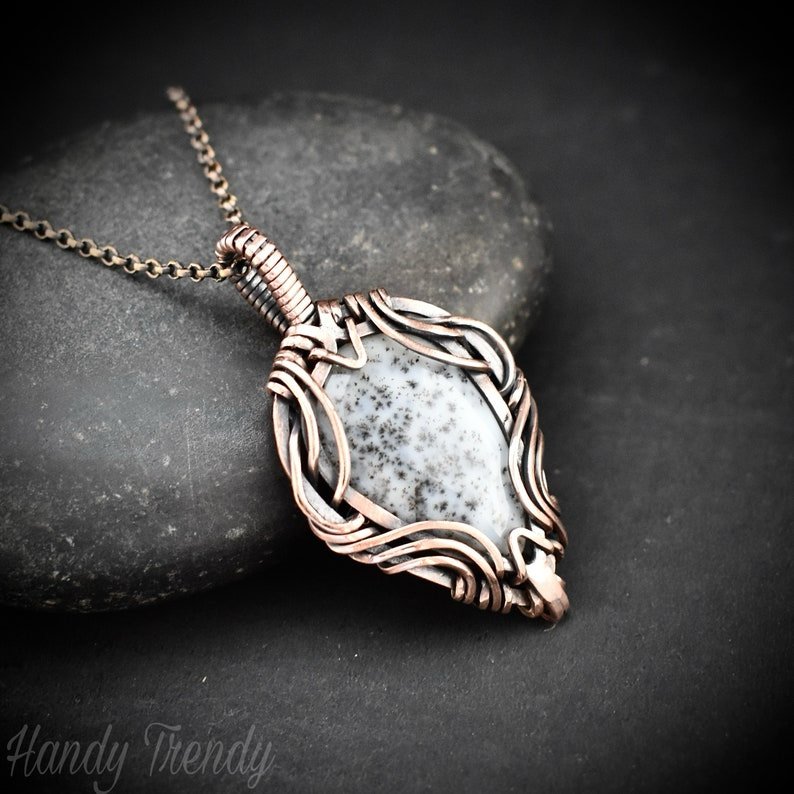 Dendrite opal pendant, Copper Wire wrapped necklace, Unique handmade gift, One of a kind necklace, Artisan boho jewelry