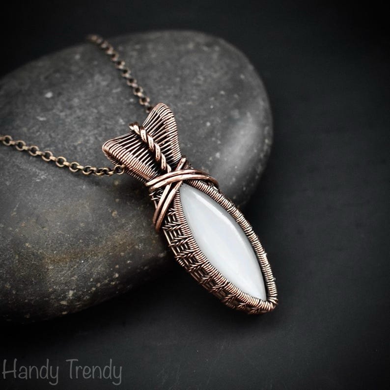 White moonstone pendant, Copper wire wrapped necklace, Unique handmade gift, One of a kind jewelry, Artisan necklace