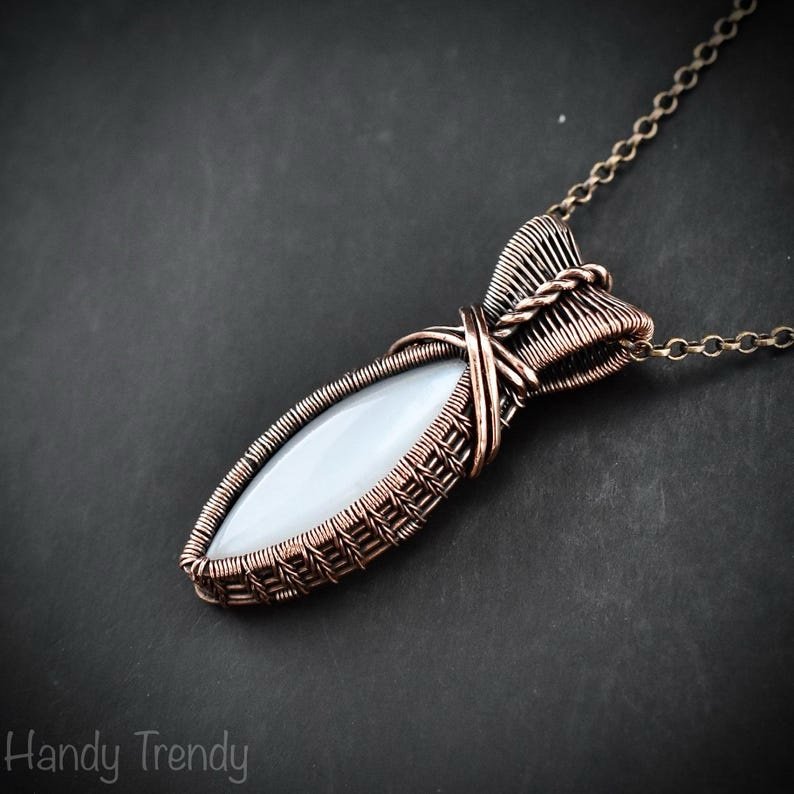 White moonstone pendant, Copper wire wrapped necklace, Unique handmade gift, One of a kind jewelry, Artisan necklace