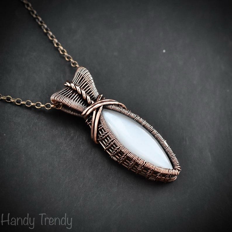 White moonstone pendant, Copper wire wrapped necklace, Unique handmade gift, One of a kind jewelry, Artisan necklace