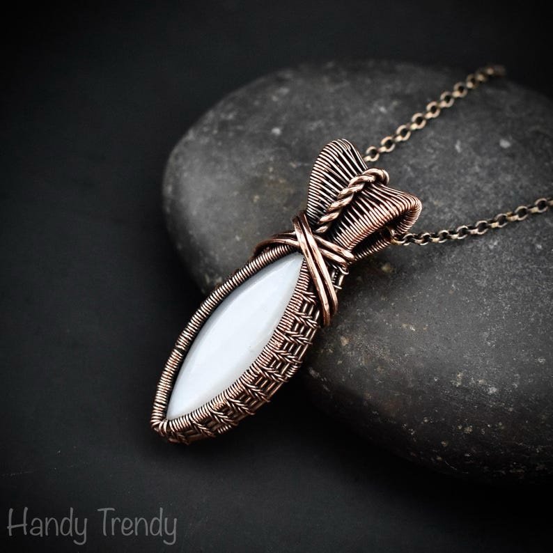 White moonstone pendant, Copper wire wrapped necklace, Unique handmade gift, One of a kind jewelry, Artisan necklace