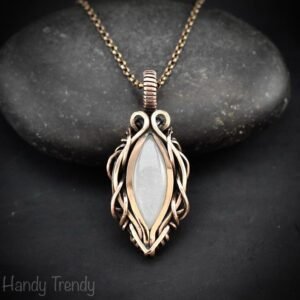 White moonstone pendant, Free-Flow copper wire wrapped necklace, Unique handmade gift, One of a kind artisan boho jewelry