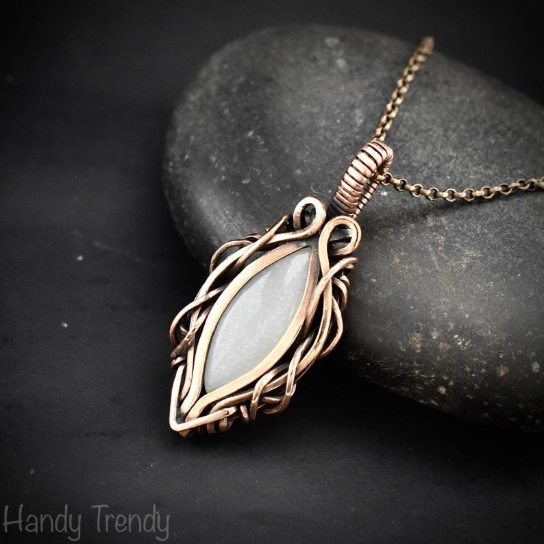 White moonstone pendant, Free-Flow copper wire wrapped necklace, Unique handmade gift, One of a kind artisan boho jewelry