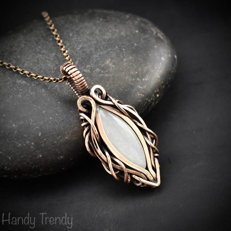 White moonstone pendant, Free-Flow copper wire wrapped necklace, Unique handmade gift, One of a kind artisan boho jewelry