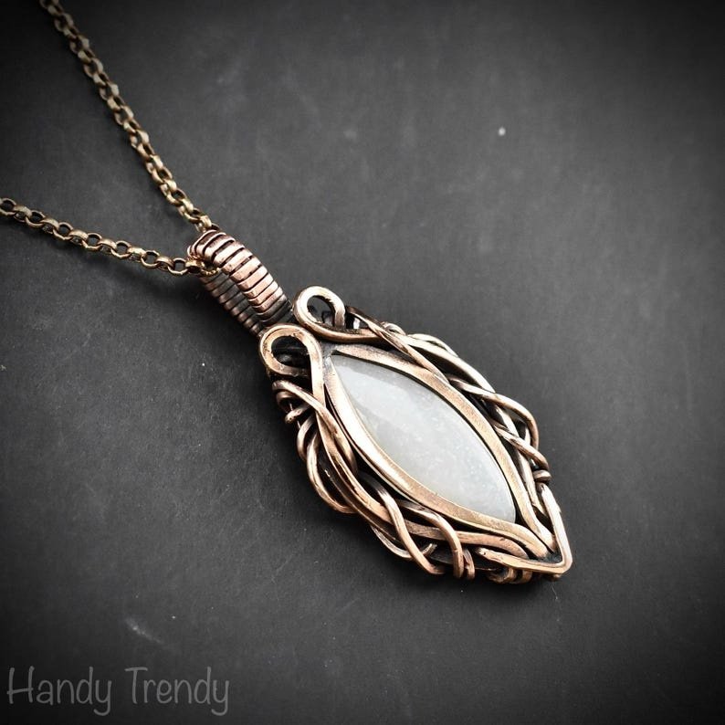 White moonstone pendant, Free-Flow copper wire wrapped necklace, Unique handmade gift, One of a kind artisan boho jewelry