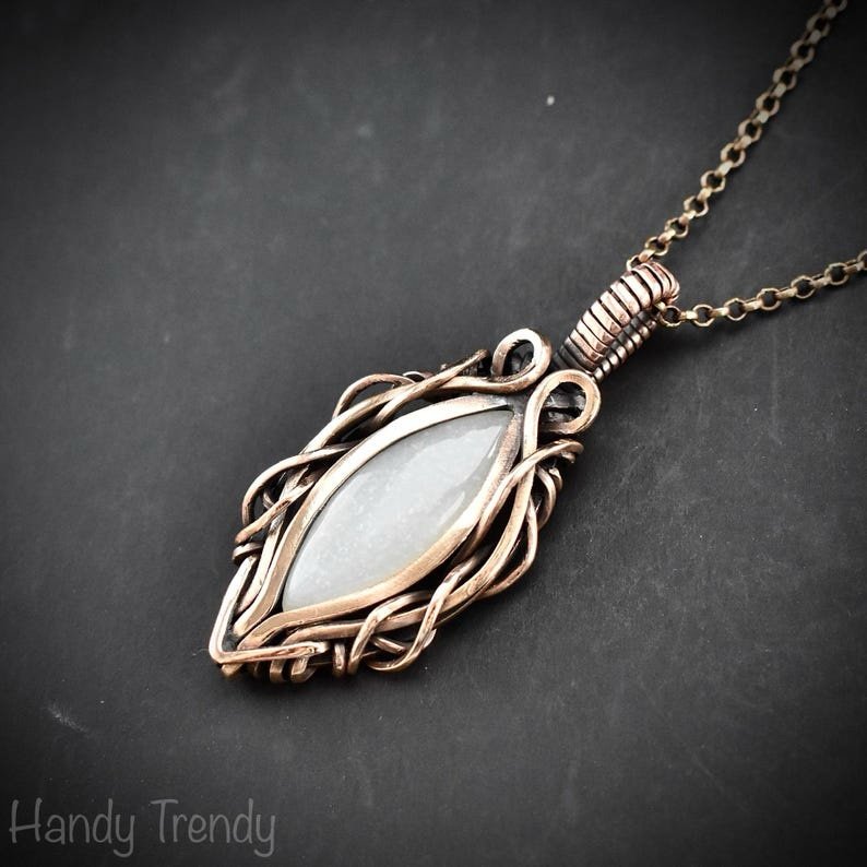 White moonstone pendant, Free-Flow copper wire wrapped necklace, Unique handmade gift, One of a kind artisan boho jewelry