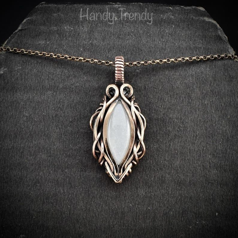 White moonstone pendant, Free-Flow copper wire wrapped necklace, Unique handmade gift, One of a kind artisan boho jewelry