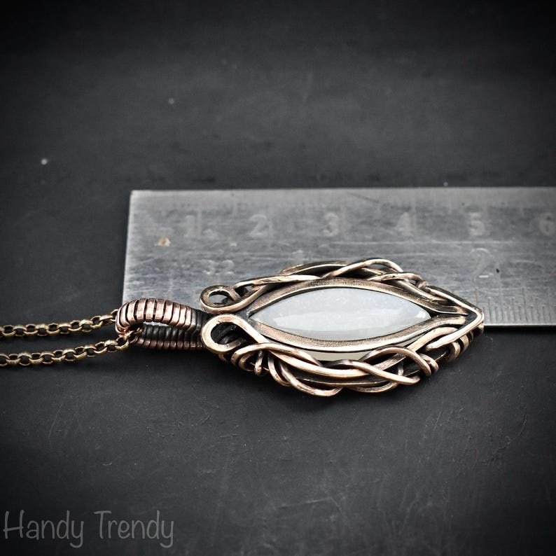 White moonstone pendant, Free-Flow copper wire wrapped necklace, Unique handmade gift, One of a kind artisan boho jewelry