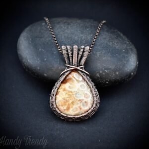 Fossil coral pendant, Triple layer bail pendant, Copper wire wrapped jewelry, Unique handmade Gift, One of a kind artisan jewelry