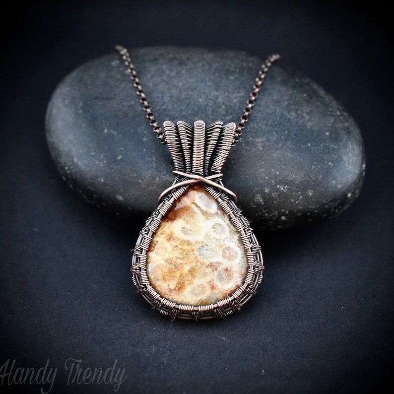 Fossil coral pendant, Triple layer bail pendant, Copper wire wrapped jewelry, Unique handmade Gift, One of a kind artisan jewelry