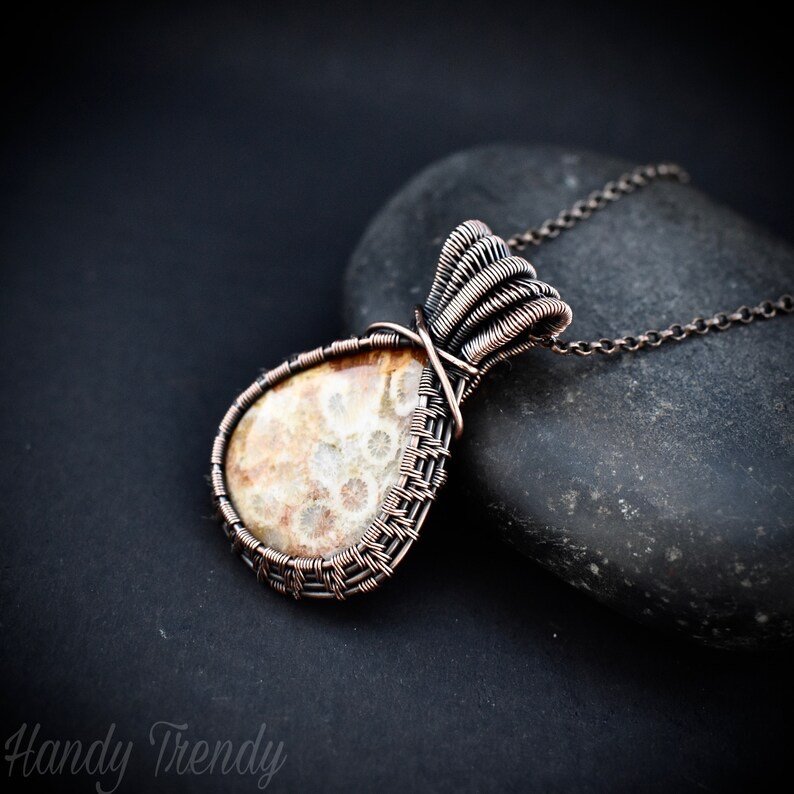 Fossil coral pendant, Triple layer bail pendant, Copper wire wrapped jewelry, Unique handmade Gift, One of a kind artisan jewelry