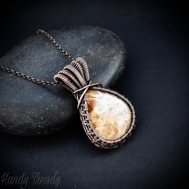 Fossil coral pendant, Triple layer bail pendant, Copper wire wrapped jewelry, Unique handmade Gift, One of a kind artisan jewelry