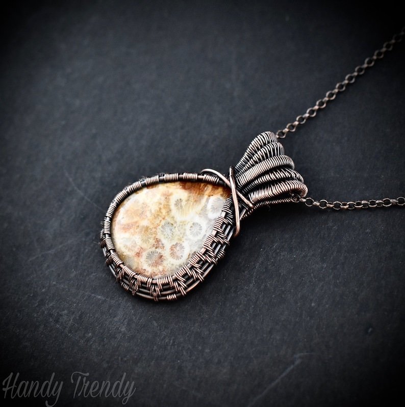 Fossil coral pendant, Triple layer bail pendant, Copper wire wrapped jewelry, Unique handmade Gift, One of a kind artisan jewelry